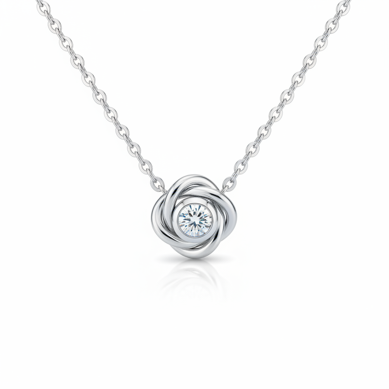 Keep Me In Your Heart Love Knot Necklace with cubic zirconia crystal pendant on white gold chain